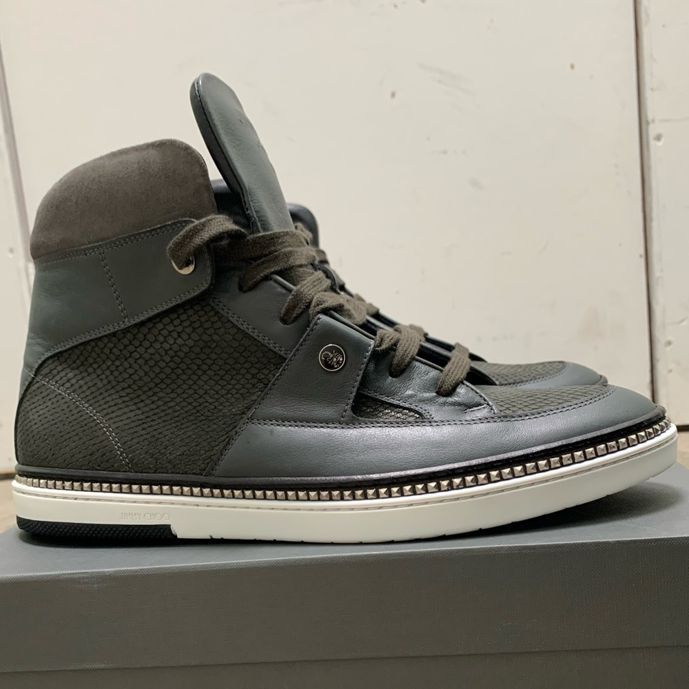 Jimmy Choo Men's High-Top Sneakers in Dark Olive/Black - Picture 3 of 4